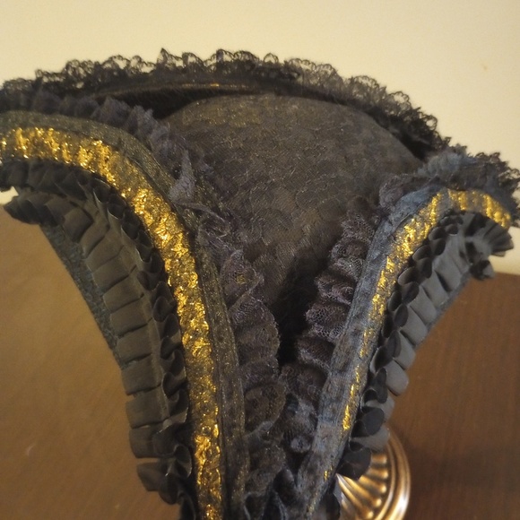 Black and Gold Ladies Marie Antoinette Masquerade Tricorn Lace and Ribbon Hat